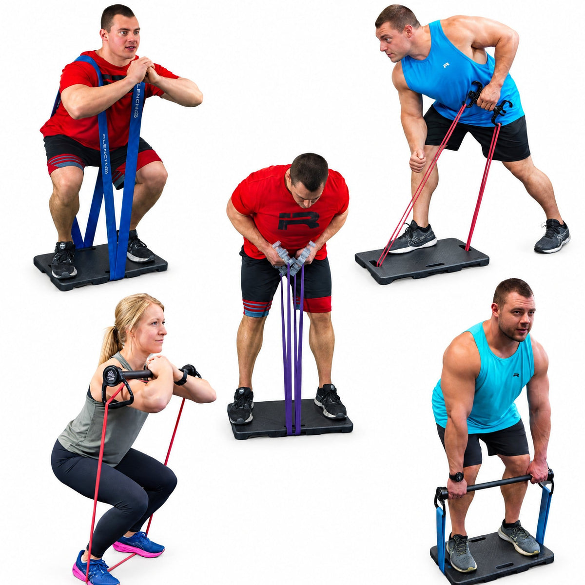Collage of squats, rows, curls and presses with resistance bands on the Clench Footplate