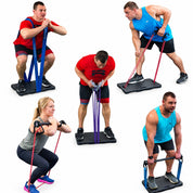 Collage of squats, rows, curls and presses with resistance bands on the Clench Footplate