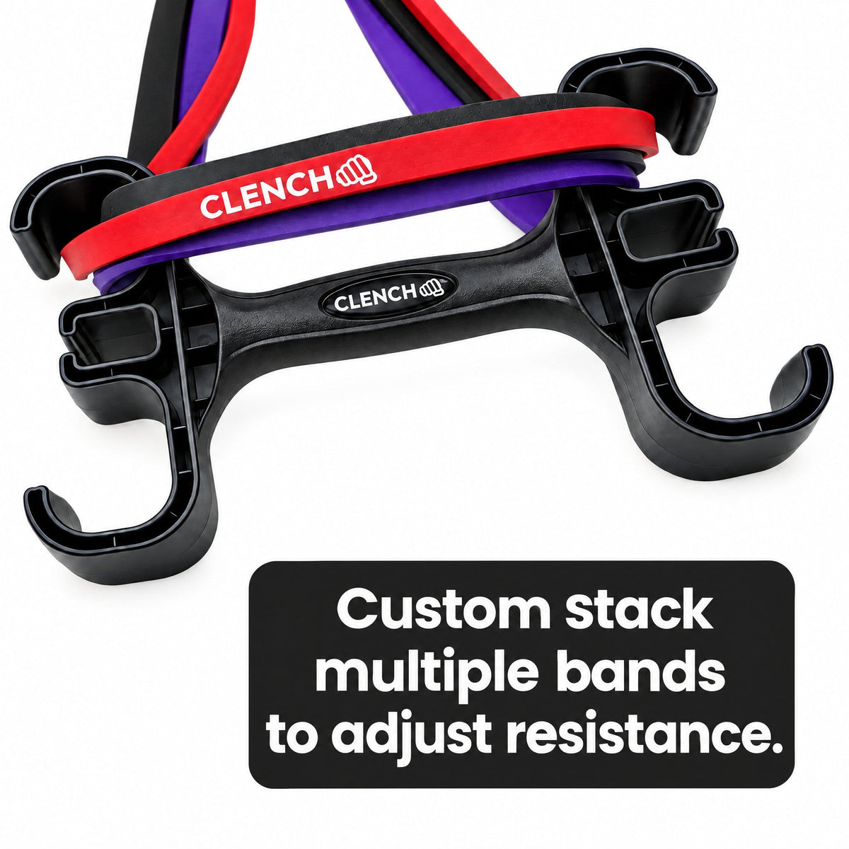 Clench band handles holding multiple stacked resistance bands