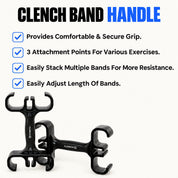 Clench band handles with three attachment points for resistance bands