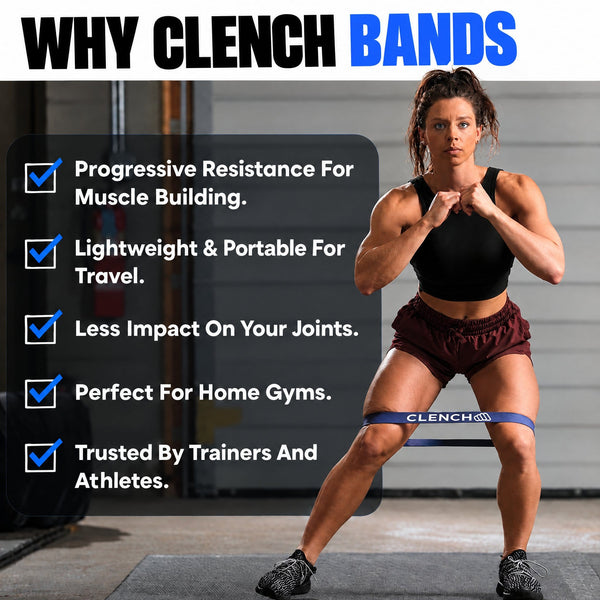Why Clench bands, with a woman doing banded squats