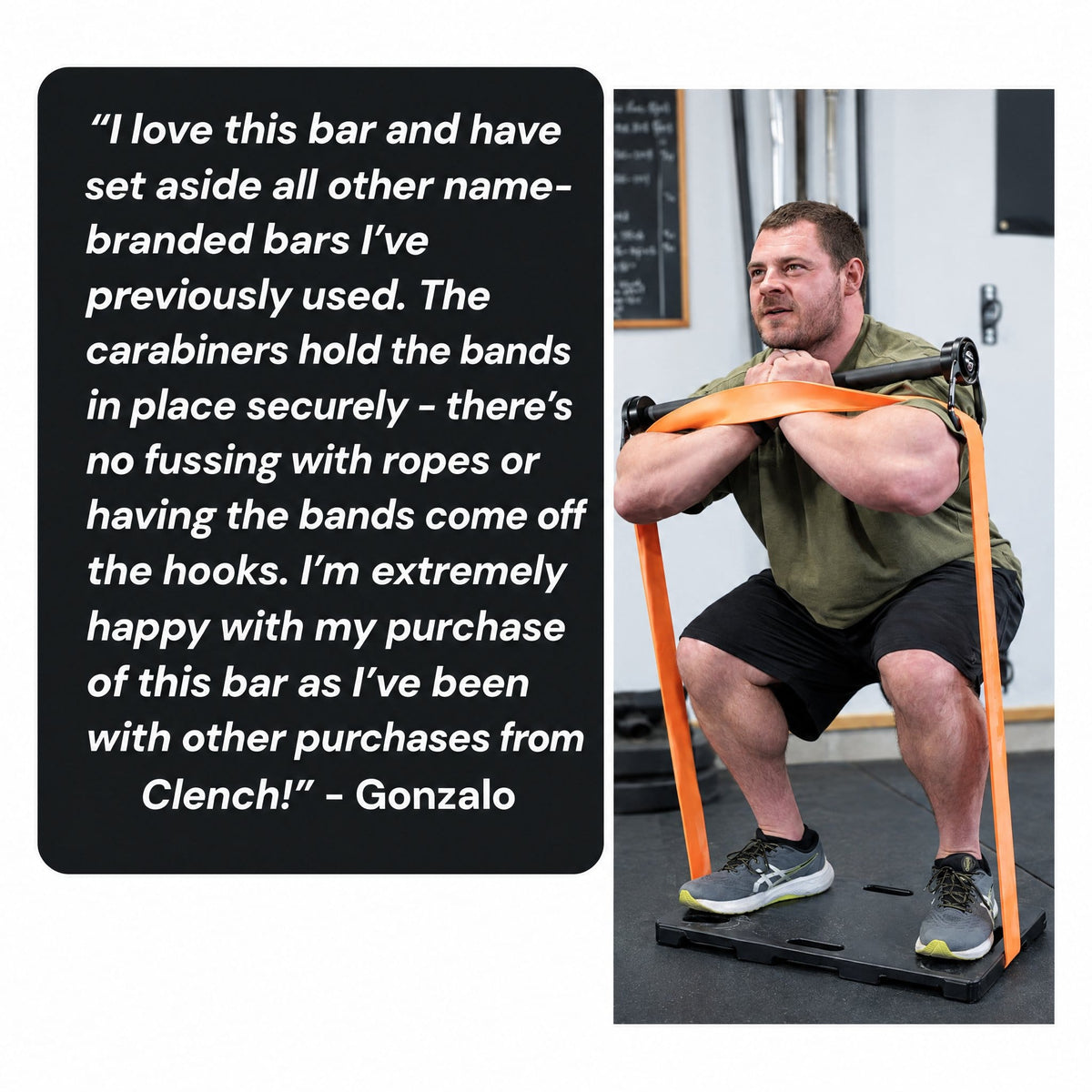 verified Customer review of the Clench Carbon Pro Bar with a man doing front squats with resistance bands