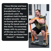verified Customer review of the Clench Carbon Pro Bar with a man doing front squats with resistance bands