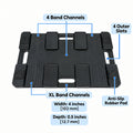 Clench Footplate underside with four XL band channels, four outer slots, and anti-slip rubber pads