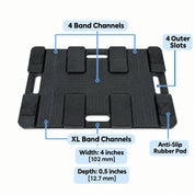 Clench Footplate underside with four XL band channels, four outer slots, and anti-slip rubber pads