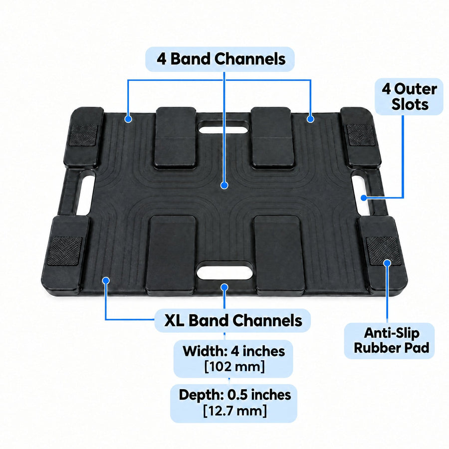 Clench Footplate underside with four XL band channels, four outer slots, and anti-slip rubber pads