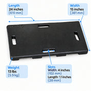 Clench Footplate top view with dimensions, 24 by 15 inches, 13 lbs