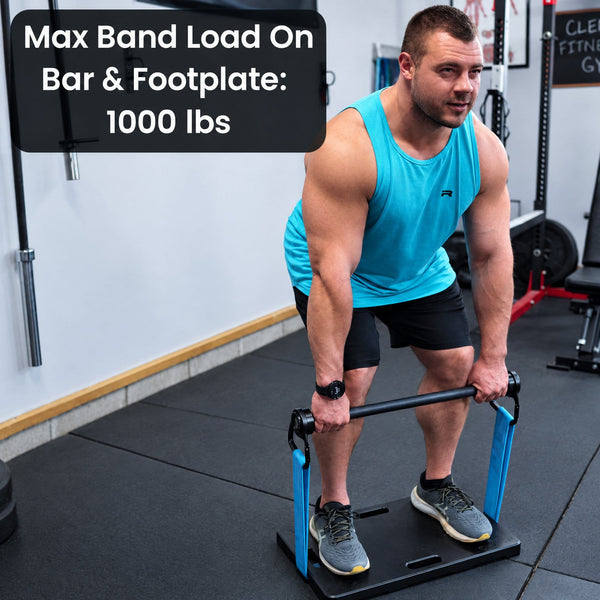Man doing bent over rows with the Carbon Pro Bar and resistance bands on the Clench Footplate