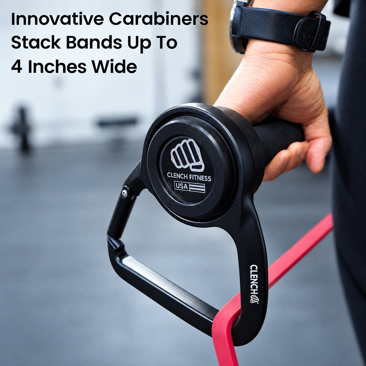 Clench Carbon Pro Bar carabiner stacking resistance bands up to 4 inches wide