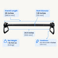 Clench Carbon Pro Bar dimensions: 26 inch length, 1.18 inch carbon fiber shaft, 4 inch carabiners, 1 lb 15.5 oz