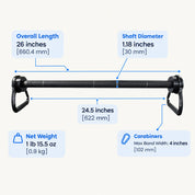 Clench Carbon Pro Bar dimensions: 26 inch length, 1.18 inch carbon fiber shaft, 4 inch carabiners, 1 lb 15.5 oz