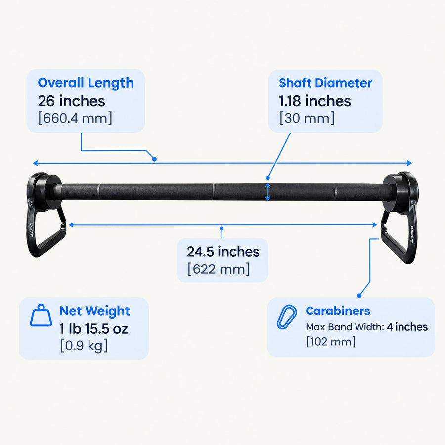 Clench Carbon Pro Bar dimensions: 26 inch length, 1.18 inch carbon fiber shaft, 4 inch carabiners, 1 lb 15.5 oz