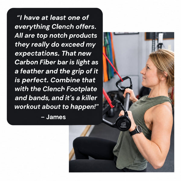 Customer review of the Clench Carbon Pro Bar with a woman doing bicep curls on the bar